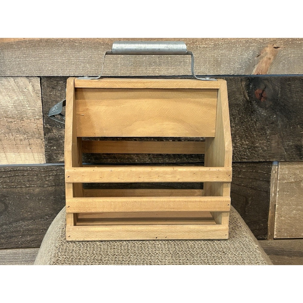 Wooden 6 Pack Holder Caddy Crate Bar Beer Can Metal Handle Bottle Cap Opener